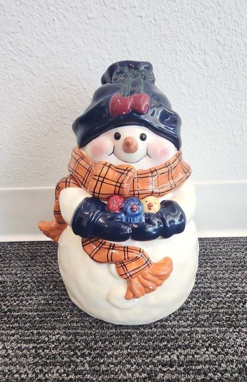 Vintage Snowman Holding Chicks Holiday Cookie Jar